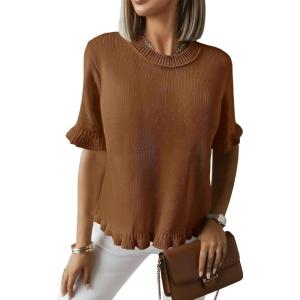 Saodimallsu Womens Short Sleeve Sweater Tops Summer Ruffle Casual Loose Fitting Crew Neck Knit Shirts(Brown)