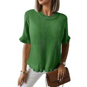 Saodimallsu Womens Short Sleeve Sweater Tops Summer Ruffle Casual Loose Fitting Crew Neck Knit Shirts(Green)