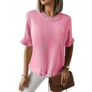 Saodimallsu Womens Short Sleeve Sweater Tops Summer Ruffle Casual Loose Fitting Crew Neck Knit Shirts(Pink)