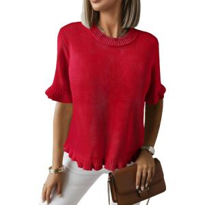 Saodimallsu Womens Short Sleeve Sweater Tops Summer Ruffle Casual Loose Fitting Crew Neck Knit Shirts(Red)