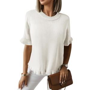 Saodimallsu Womens Short Sleeve Sweater Tops Summer Ruffle Casual Loose Fitting Crew Neck Knit Shirts(White)