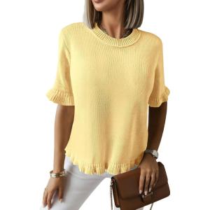 Saodimallsu Womens Short Sleeve Sweater Tops Summer Ruffle Casual Loose Fitting Crew Neck Knit Shirts(Yellow)
