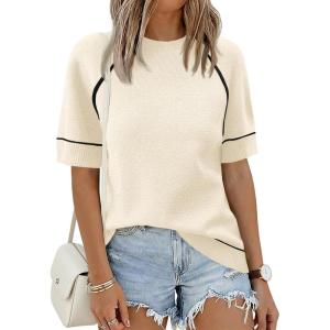 Saodimallsu Womens Short Sleeve Sweaters Casual Crew Neck Lightweight Knit Summer Trendy Pullover Tops(Apricot)