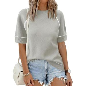Saodimallsu Womens Short Sleeve Sweaters Casual Crew Neck Lightweight Knit Summer Trendy Pullover Tops(Gray)