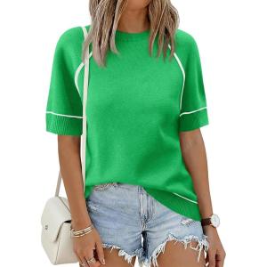 Saodimallsu Womens Short Sleeve Sweaters Casual Crew Neck Lightweight Knit Summer Trendy Pullover Tops(Green)