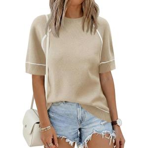 Saodimallsu Womens Short Sleeve Sweaters Casual Crew Neck Lightweight Knit Summer Trendy Pullover Tops(Khaki)