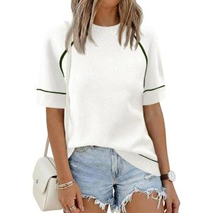 Saodimallsu Womens Short Sleeve Sweaters Casual Crew Neck Lightweight Knit Summer Trendy Pullover Tops(White)