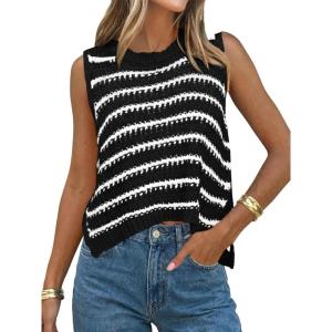 Saodimallsu Womens Sleeveless Striped Sweater Vest Crew Neck Summer Casual Side Split Knit Tank Tops(Black)
