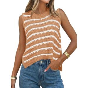 Saodimallsu Womens Sleeveless Striped Sweater Vest Crew Neck Summer Casual Side Split Knit Tank Tops(Brick Red)