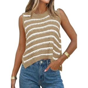 Saodimallsu Womens Sleeveless Striped Sweater Vest Crew Neck Summer Casual Side Split Knit Tank Tops(Khaki)