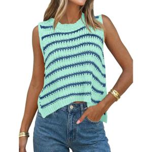 Saodimallsu Womens Sleeveless Striped Sweater Vest Crew Neck Summer Casual Side Split Knit Tank Tops(Light Green)