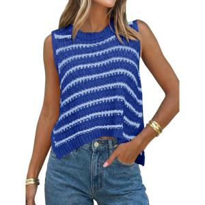 Saodimallsu Womens Sleeveless Striped Sweater Vest Crew Neck Summer Casual Side Split Knit Tank Tops(Royal Blue)
