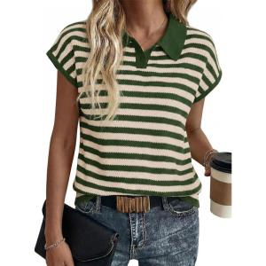 Saodimallsu Womens Striped Polo Sweater Cap Sleeve Summer Top Button V Neck Collared Knit Pullover Shirts(Army Green)