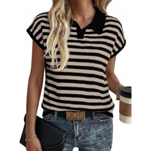 Saodimallsu Womens Striped Polo Sweater Cap Sleeve Summer Top Button V Neck Collared Knit Pullover Shirts(Beige)