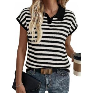 Saodimallsu Womens Striped Polo Sweater Cap Sleeve Summer Top Button V Neck Collared Knit Pullover Shirts(Black)