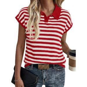 Saodimallsu Womens Striped Polo Sweater Cap Sleeve Summer Top Button V Neck Collared Knit Pullover Shirts(Red)