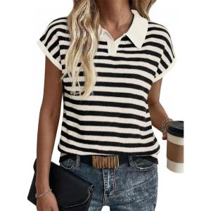 Saodimallsu Womens Striped Polo Sweater Cap Sleeve Summer Top Button V Neck Collared Knit Pullover Shirts(White)