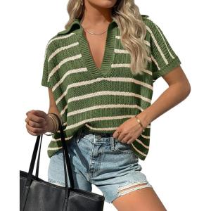Saodimallsu Womens Striped Short Sleeve Sweater Tops Summer V Neck Collared Trendy Casual Loose Knit Pullover Shirt(Army Green)
