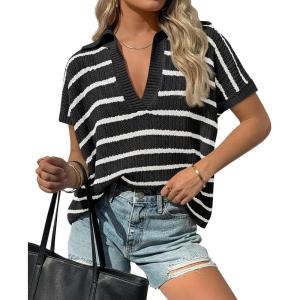 Saodimallsu Womens Striped Short Sleeve Sweater Tops Summer V Neck Collared Trendy Casual Loose Knit Pullover Shirt(Black)
