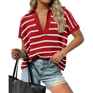 Saodimallsu Womens Striped Short Sleeve Sweater Tops Summer V Neck Collared Trendy Casual Loose Knit Pullover Shirt(Red)