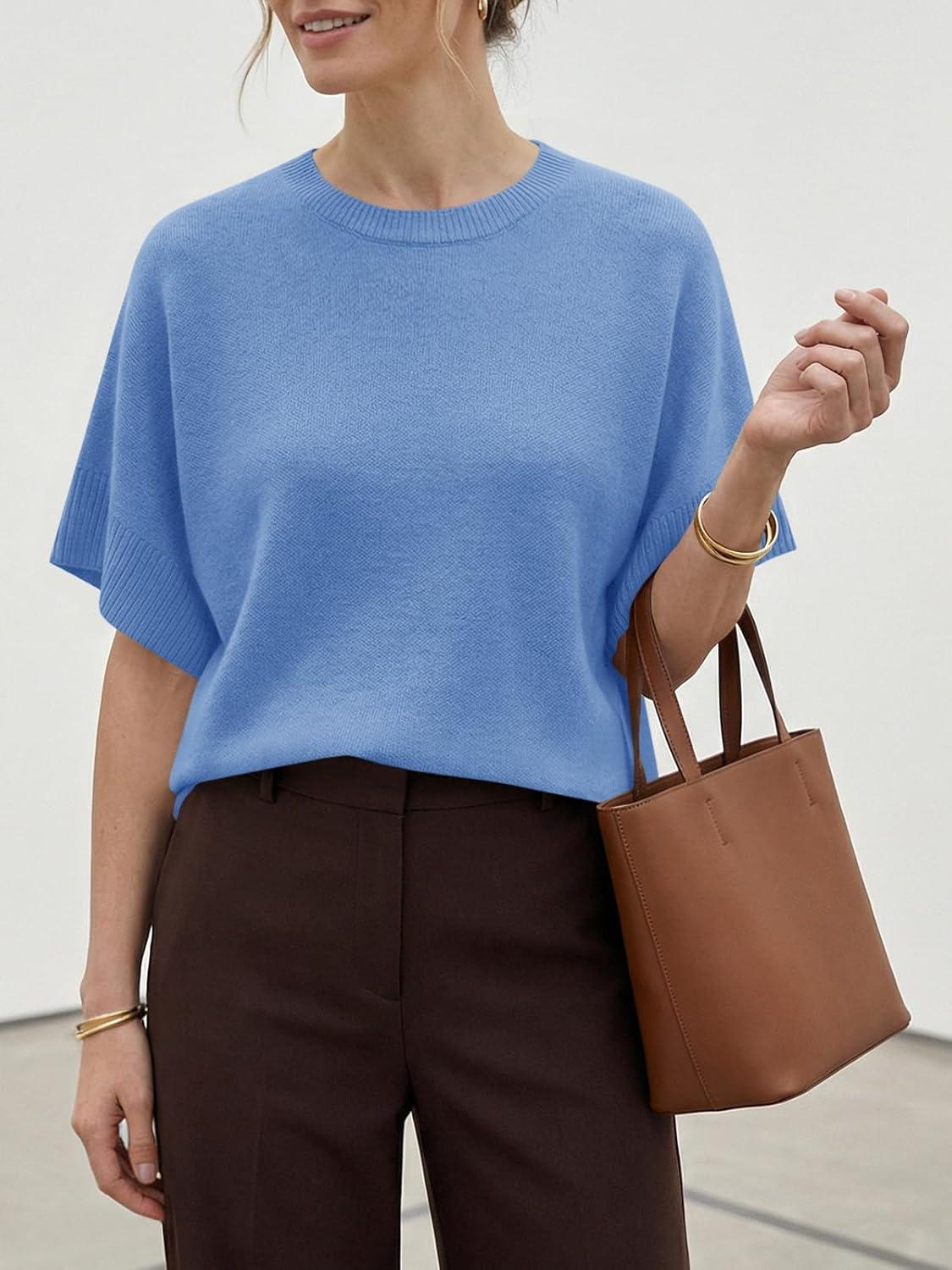 image:imageSaodimallsu Womens Short Sleeve Sweaters Crew Neck Lightweight Casual Loose Fit Summer Knit Pullover TopsBlue
