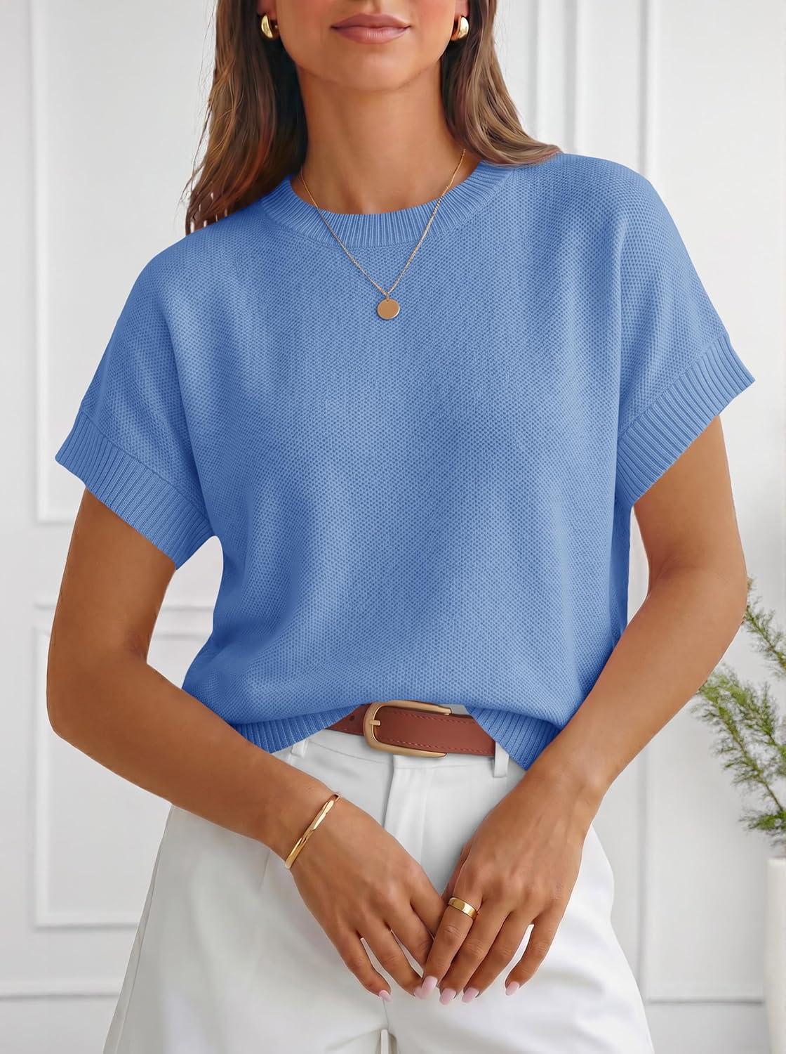 image:imageSaodimallsu Womens Short Sleeve Sweaters Crew Neck Lightweight Casual Loose Fit Summer Knit Pullover TopsBlue