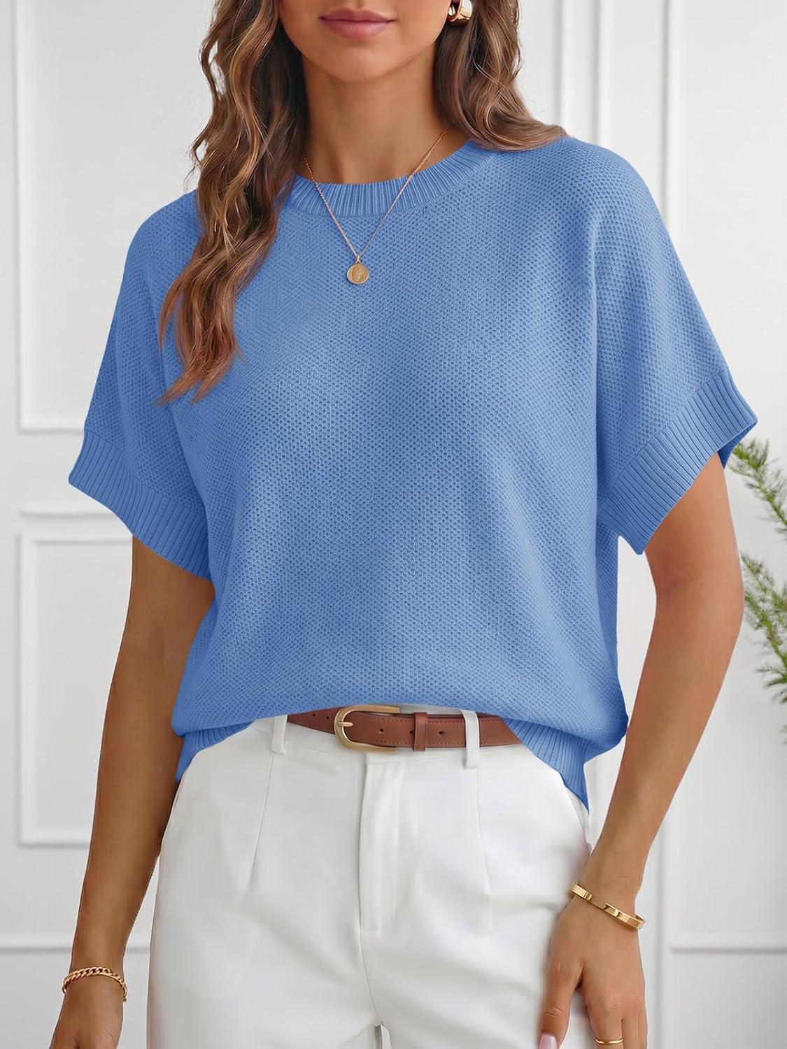 image:imageSaodimallsu Womens Short Sleeve Sweaters Crew Neck Lightweight Casual Loose Fit Summer Knit Pullover TopsBlue