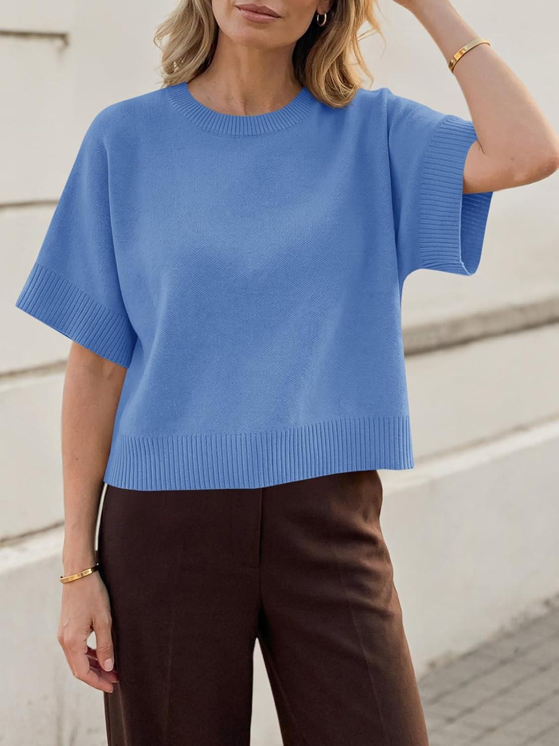 image:imageSaodimallsu Womens Short Sleeve Sweaters Crew Neck Lightweight Casual Loose Fit Summer Knit Pullover TopsBlue