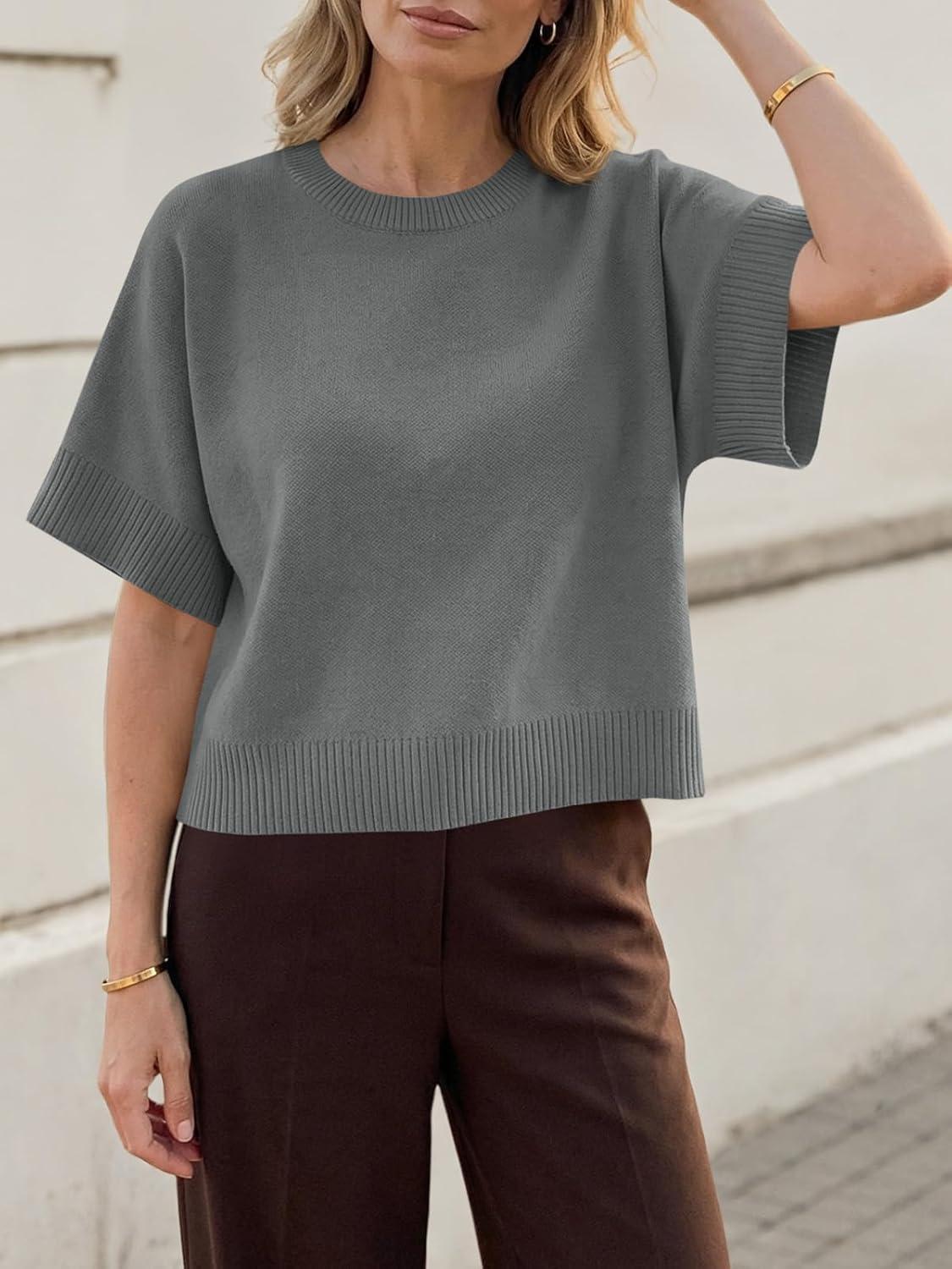 image:imageSaodimallsu Womens Short Sleeve Sweaters Crew Neck Lightweight Casual Loose Fit Summer Knit Pullover TopsGray