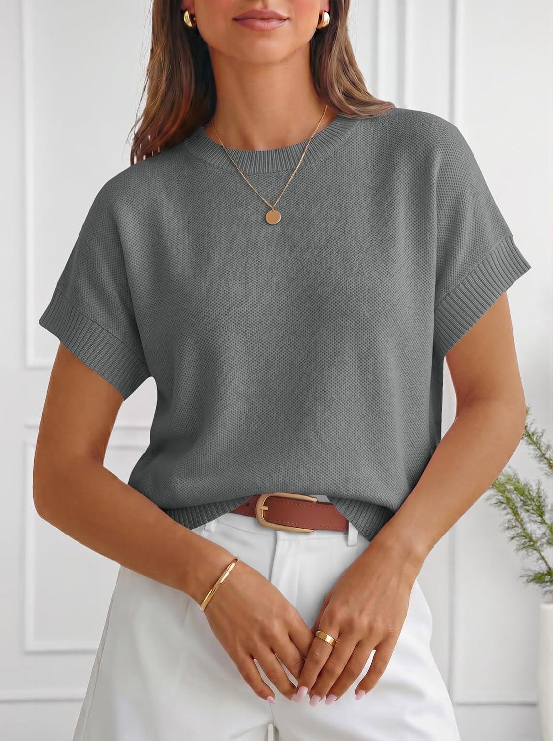 image:imageSaodimallsu Womens Short Sleeve Sweaters Crew Neck Lightweight Casual Loose Fit Summer Knit Pullover TopsGray