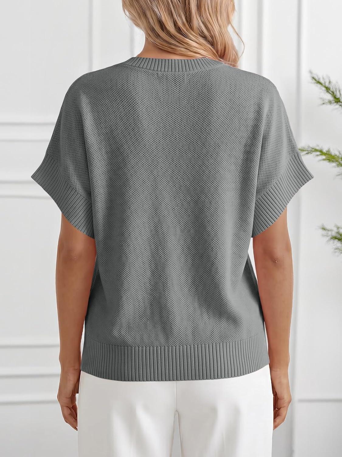 image:imageSaodimallsu Womens Short Sleeve Sweaters Crew Neck Lightweight Casual Loose Fit Summer Knit Pullover TopsGray