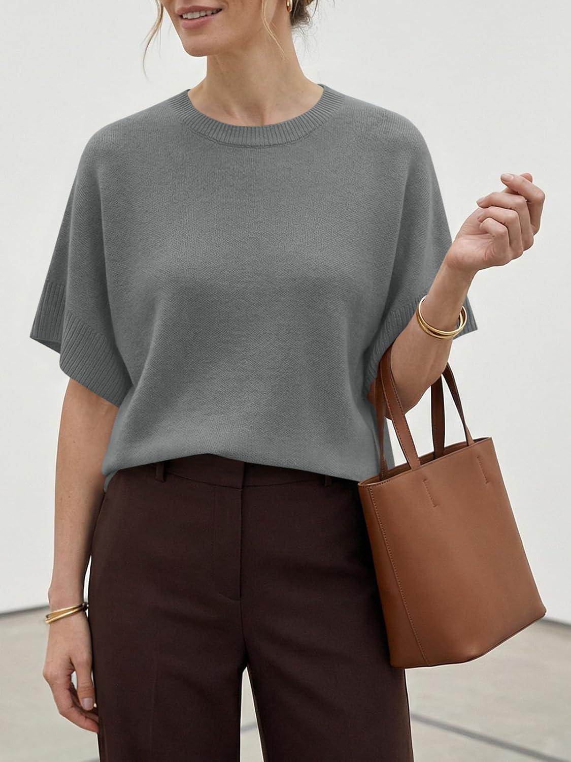 image:imageSaodimallsu Womens Short Sleeve Sweaters Crew Neck Lightweight Casual Loose Fit Summer Knit Pullover TopsGray