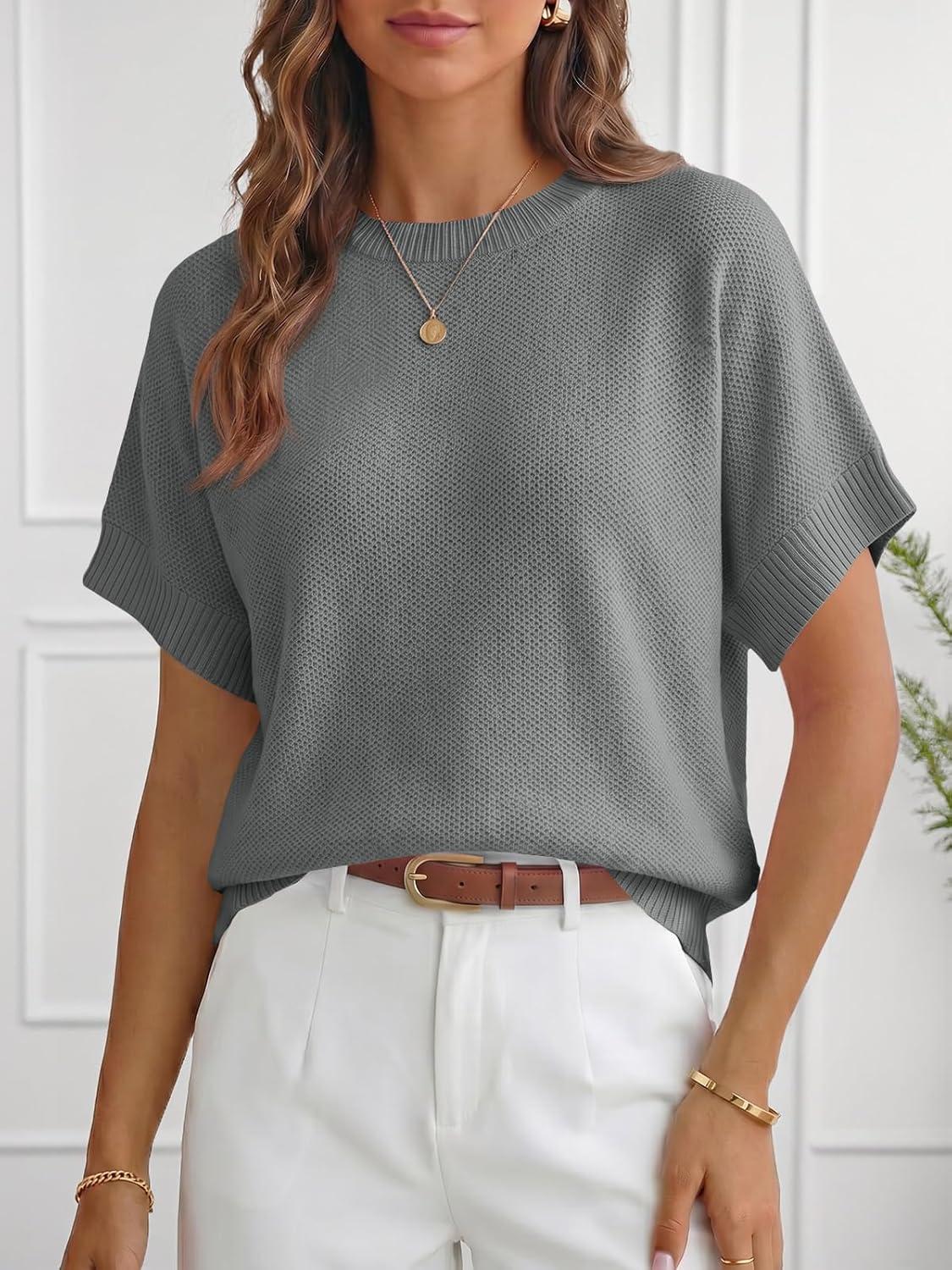 image:imageSaodimallsu Womens Short Sleeve Sweaters Crew Neck Lightweight Casual Loose Fit Summer Knit Pullover TopsGray