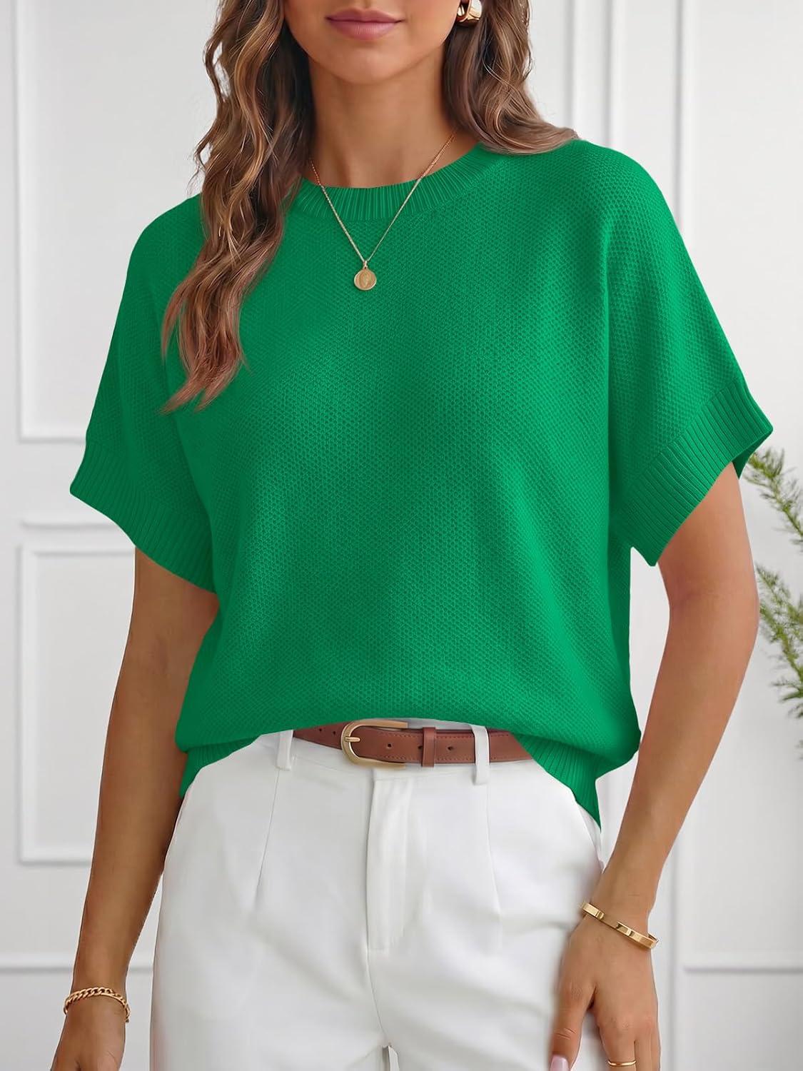 image:imageSaodimallsu Womens Short Sleeve Sweaters Crew Neck Lightweight Casual Loose Fit Summer Knit Pullover TopsGreen
