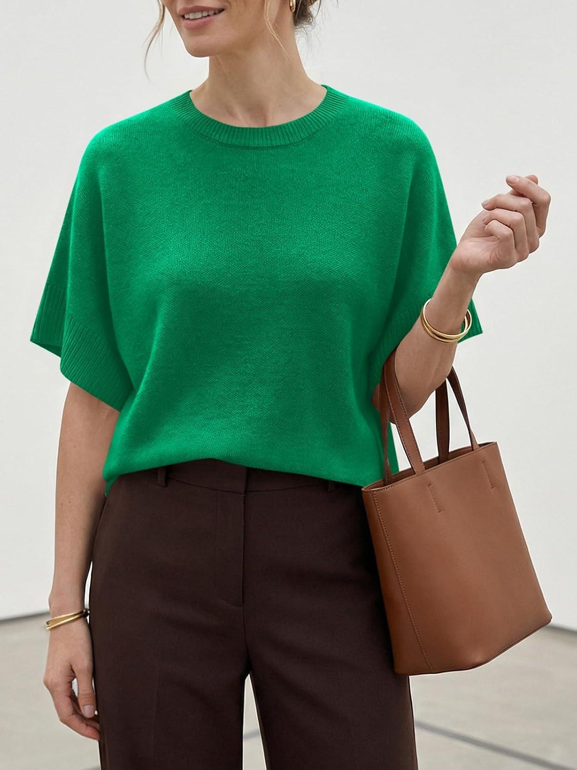 image:imageSaodimallsu Womens Short Sleeve Sweaters Crew Neck Lightweight Casual Loose Fit Summer Knit Pullover TopsGreen