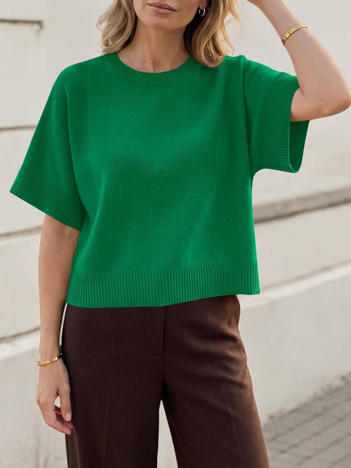 image:imageSaodimallsu Womens Short Sleeve Sweaters Crew Neck Lightweight Casual Loose Fit Summer Knit Pullover TopsGreen