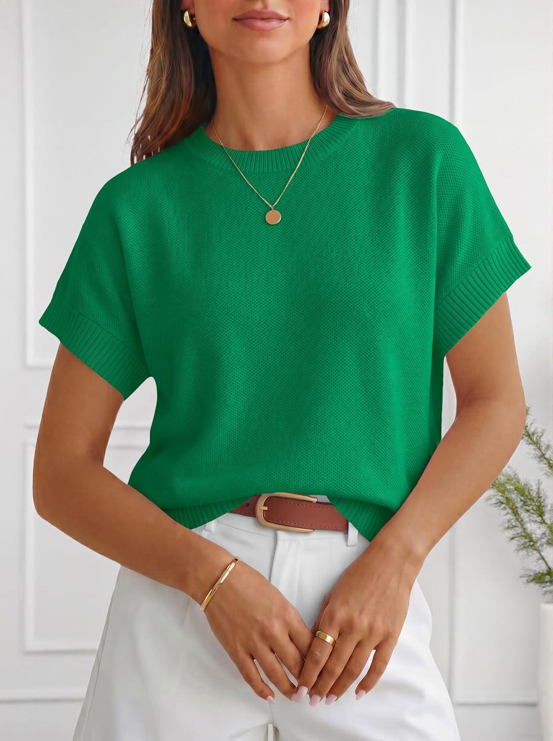 image:imageSaodimallsu Womens Short Sleeve Sweaters Crew Neck Lightweight Casual Loose Fit Summer Knit Pullover TopsGreen