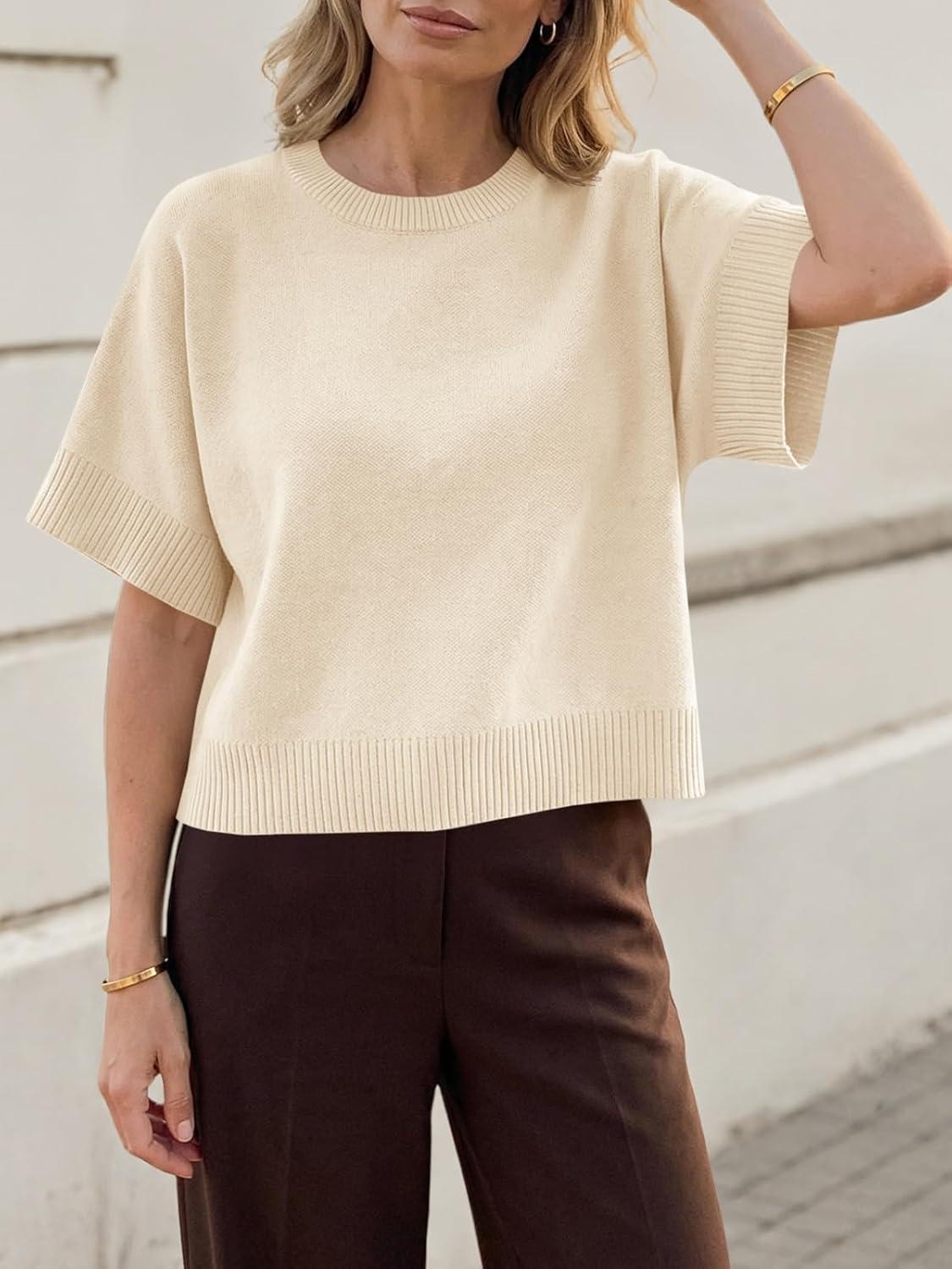 image:imageSaodimallsu Womens Short Sleeve Sweaters Crew Neck Lightweight Casual Loose Fit Summer Knit Pullover TopsLight Khaki