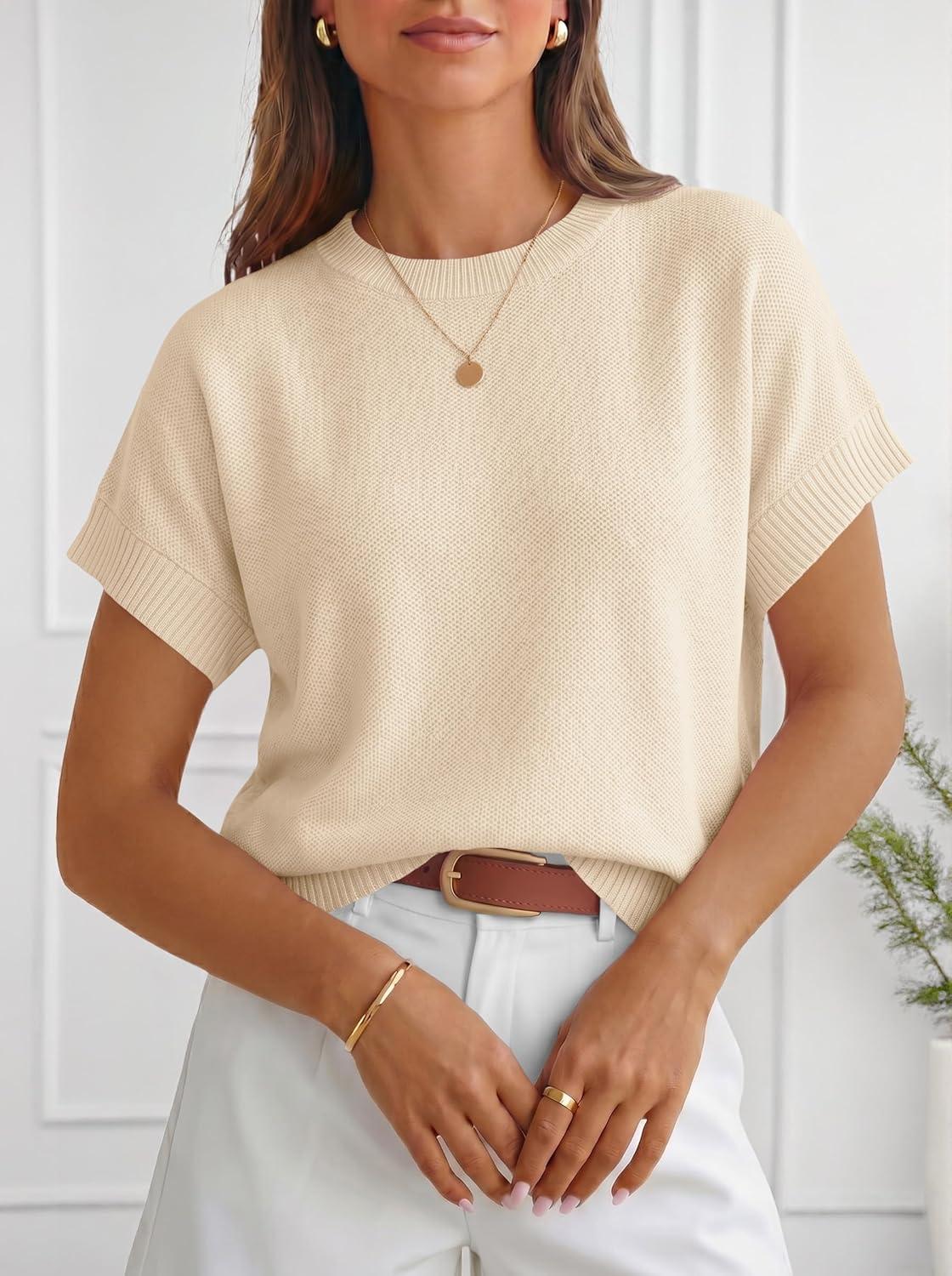 image:imageSaodimallsu Womens Short Sleeve Sweaters Crew Neck Lightweight Casual Loose Fit Summer Knit Pullover TopsLight Khaki
