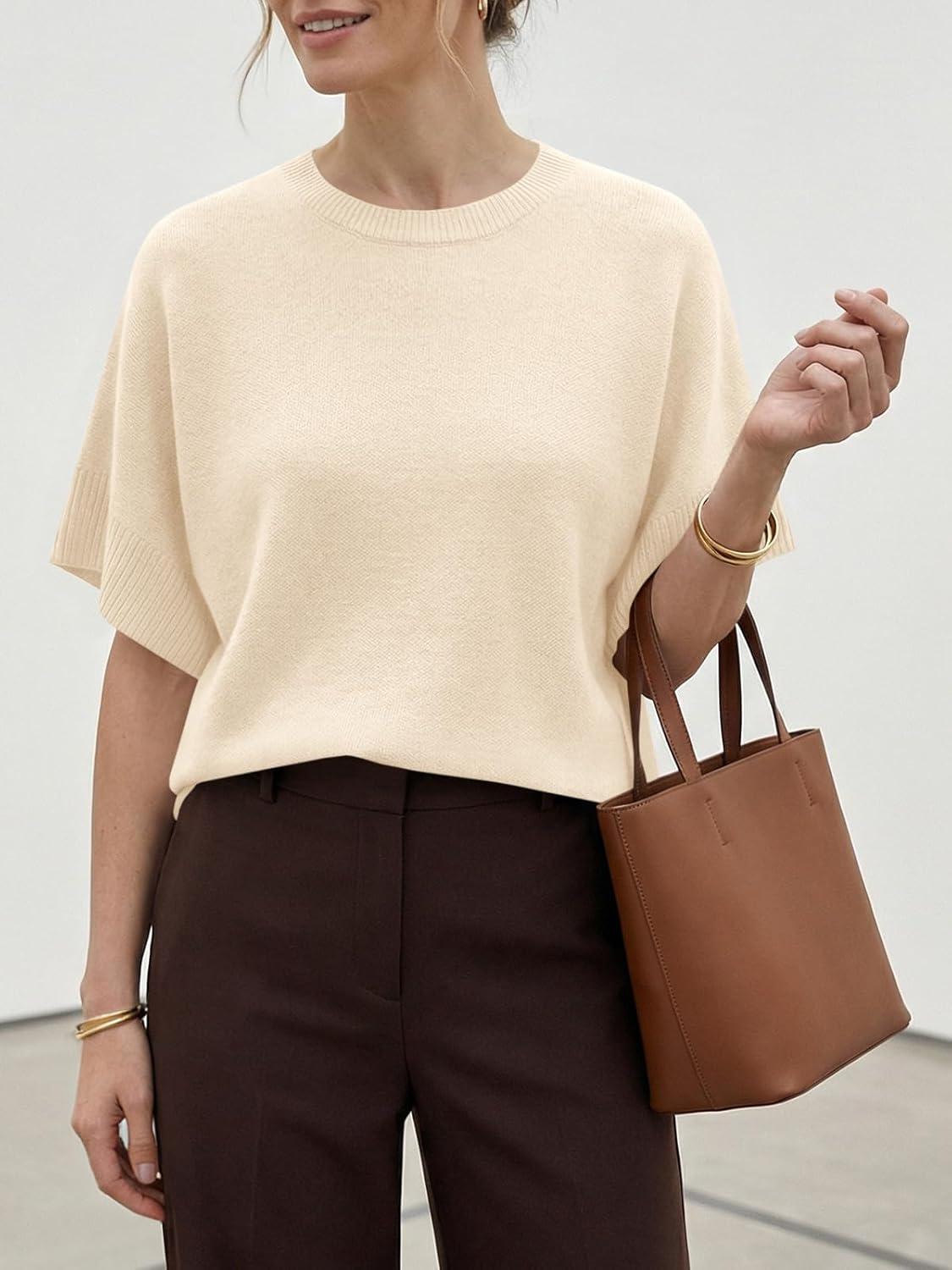 image:imageSaodimallsu Womens Short Sleeve Sweaters Crew Neck Lightweight Casual Loose Fit Summer Knit Pullover TopsLight Khaki