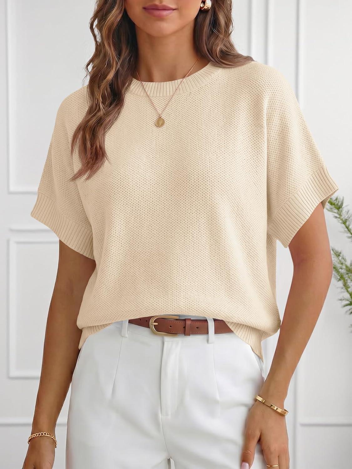 image:imageSaodimallsu Womens Short Sleeve Sweaters Crew Neck Lightweight Casual Loose Fit Summer Knit Pullover TopsLight Khaki