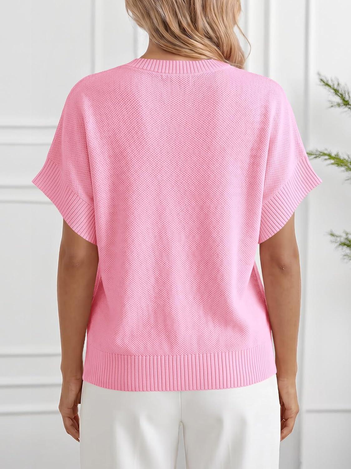 image:imageSaodimallsu Womens Short Sleeve Sweaters Crew Neck Lightweight Casual Loose Fit Summer Knit Pullover TopsPink