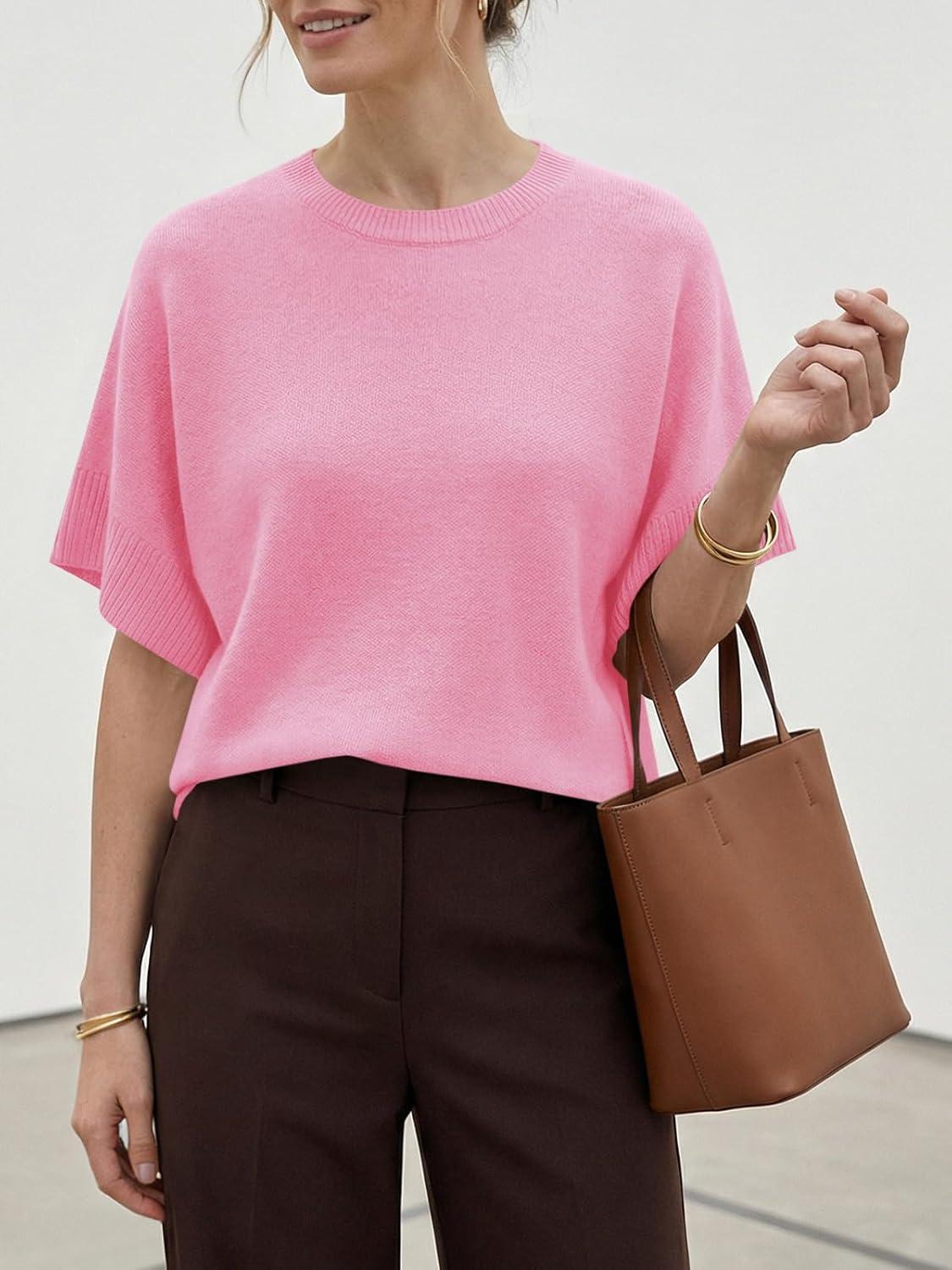 image:imageSaodimallsu Womens Short Sleeve Sweaters Crew Neck Lightweight Casual Loose Fit Summer Knit Pullover TopsPink