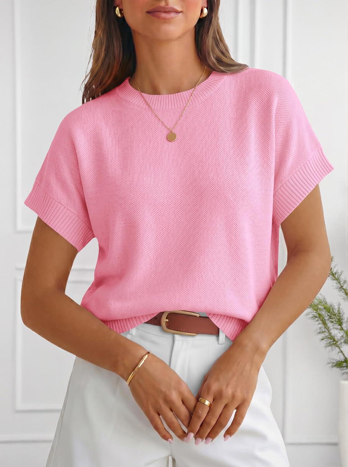 image:imageSaodimallsu Womens Short Sleeve Sweaters Crew Neck Lightweight Casual Loose Fit Summer Knit Pullover TopsPink