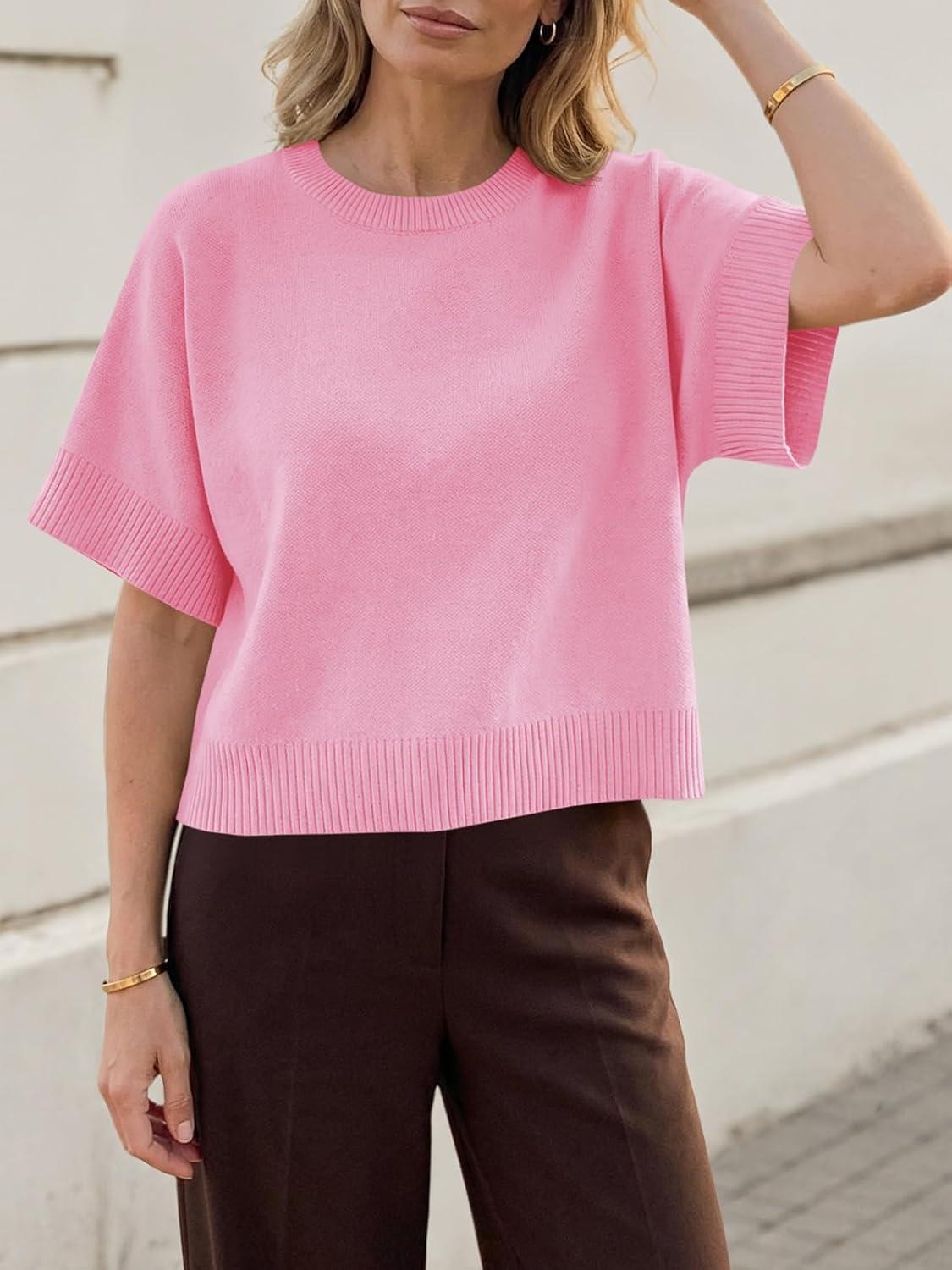 image:imageSaodimallsu Womens Short Sleeve Sweaters Crew Neck Lightweight Casual Loose Fit Summer Knit Pullover TopsPink