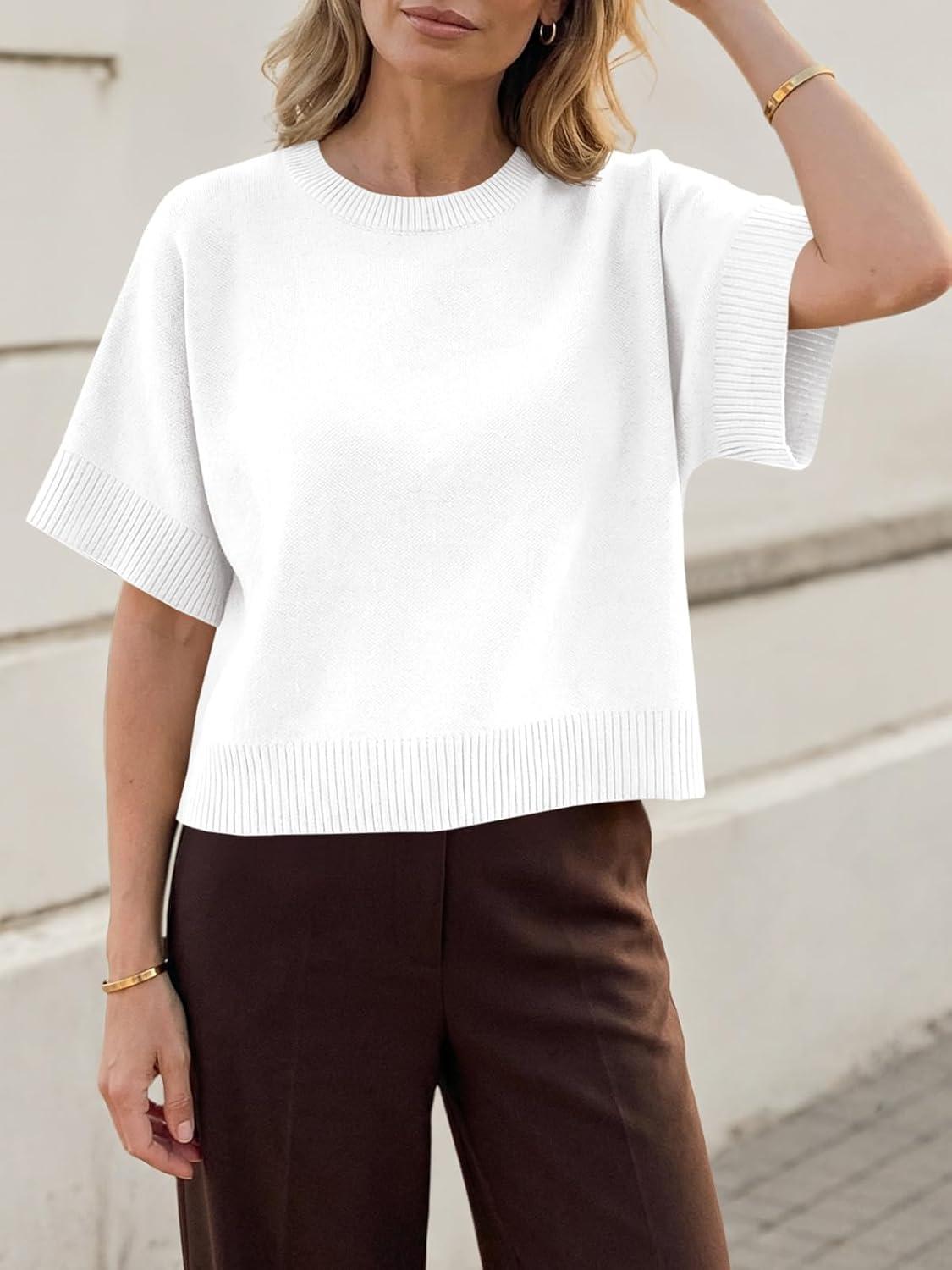 image:imageSaodimallsu Womens Short Sleeve Sweaters Crew Neck Lightweight Casual Loose Fit Summer Knit Pullover TopsWhite