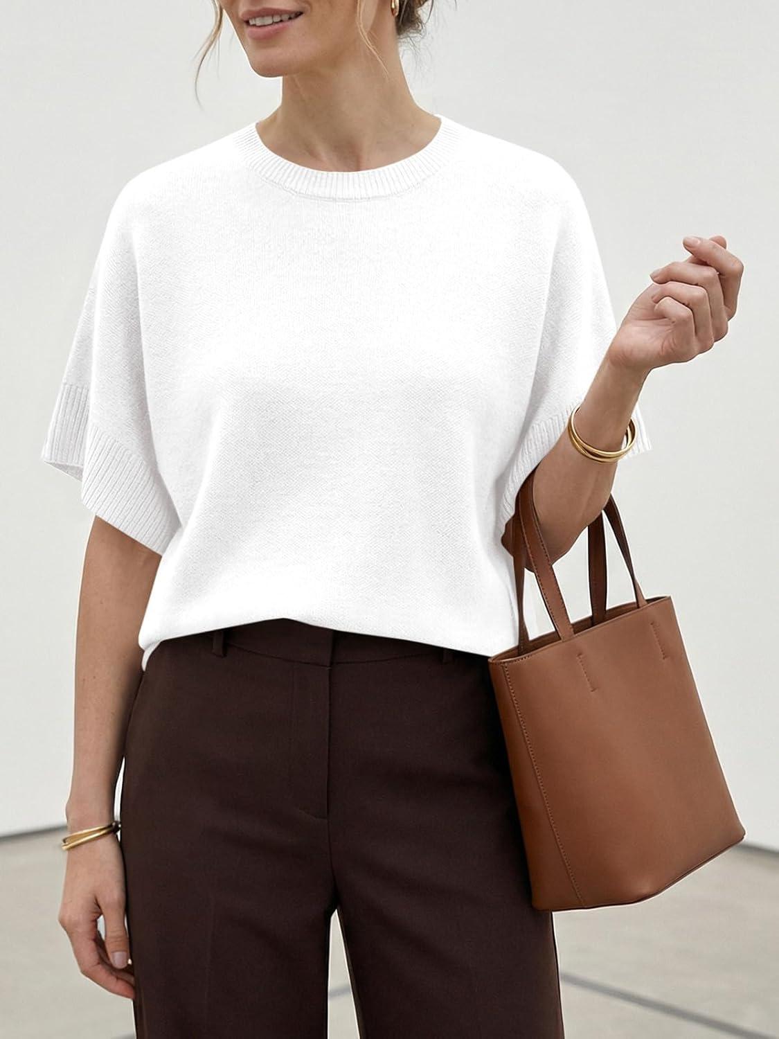 image:imageSaodimallsu Womens Short Sleeve Sweaters Crew Neck Lightweight Casual Loose Fit Summer Knit Pullover TopsWhite