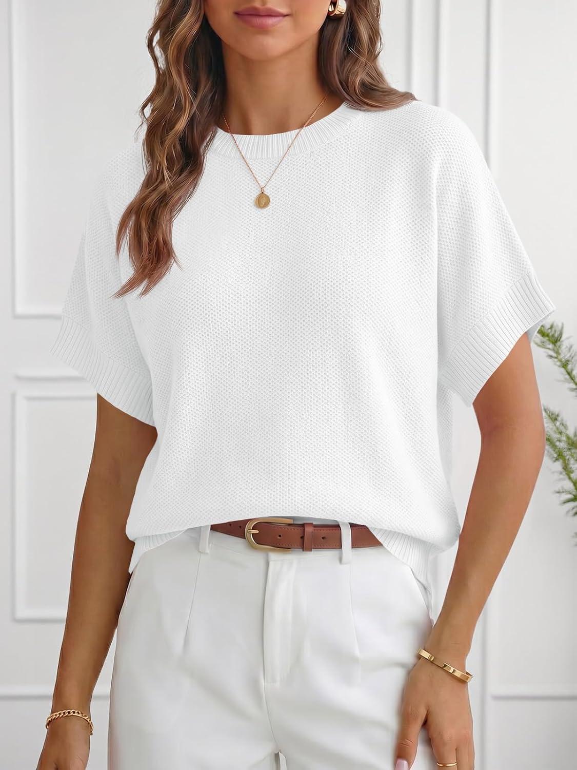 image:imageSaodimallsu Womens Short Sleeve Sweaters Crew Neck Lightweight Casual Loose Fit Summer Knit Pullover TopsWhite