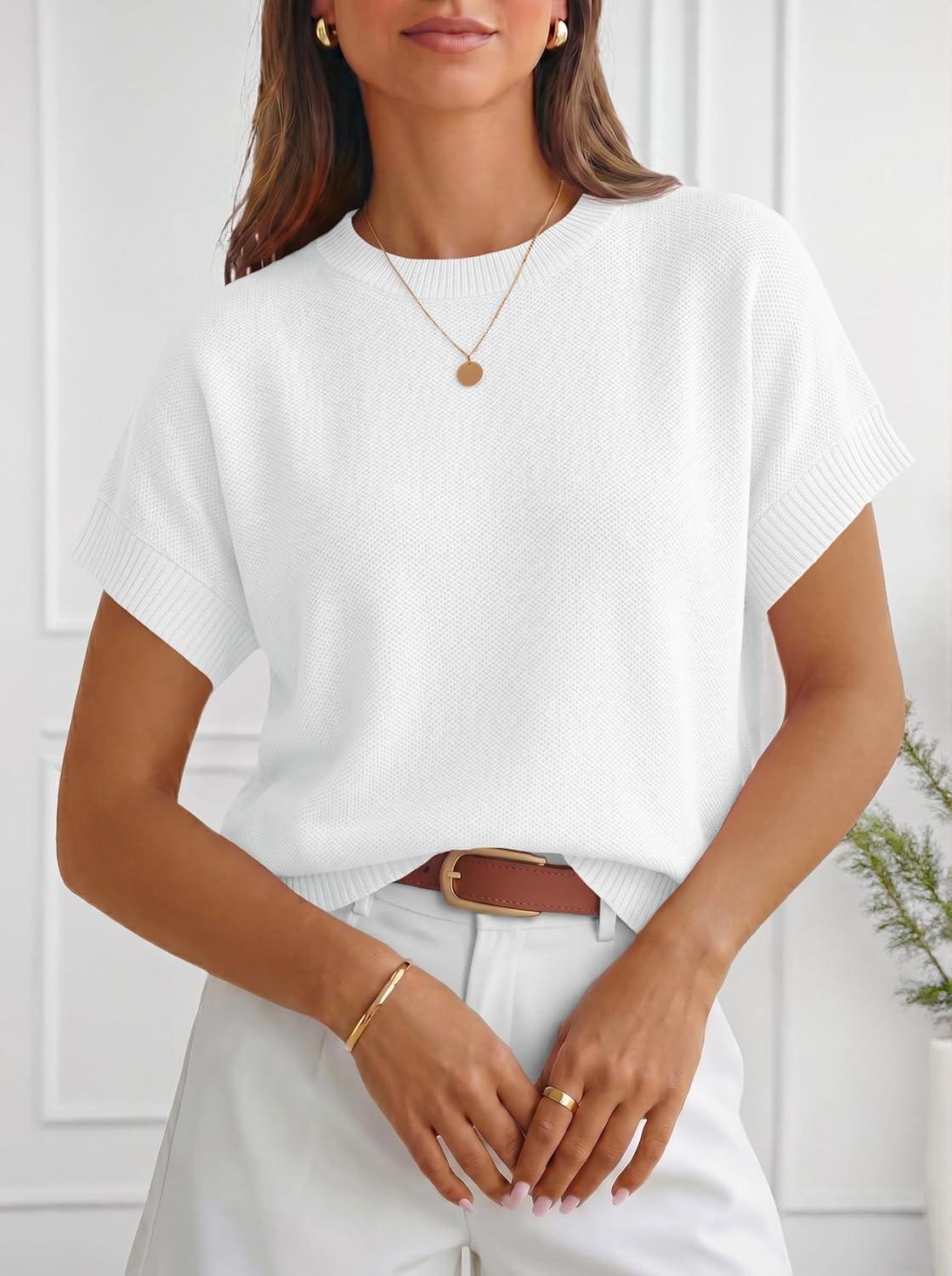 image:imageSaodimallsu Womens Short Sleeve Sweaters Crew Neck Lightweight Casual Loose Fit Summer Knit Pullover TopsWhite
