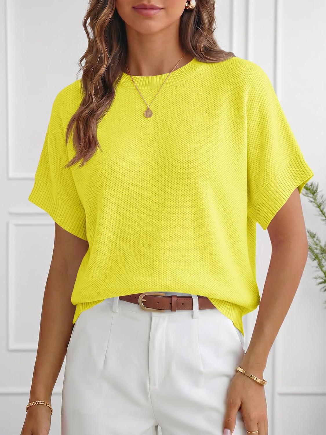 image:imageSaodimallsu Womens Short Sleeve Sweaters Crew Neck Lightweight Casual Loose Fit Summer Knit Pullover TopsYellow